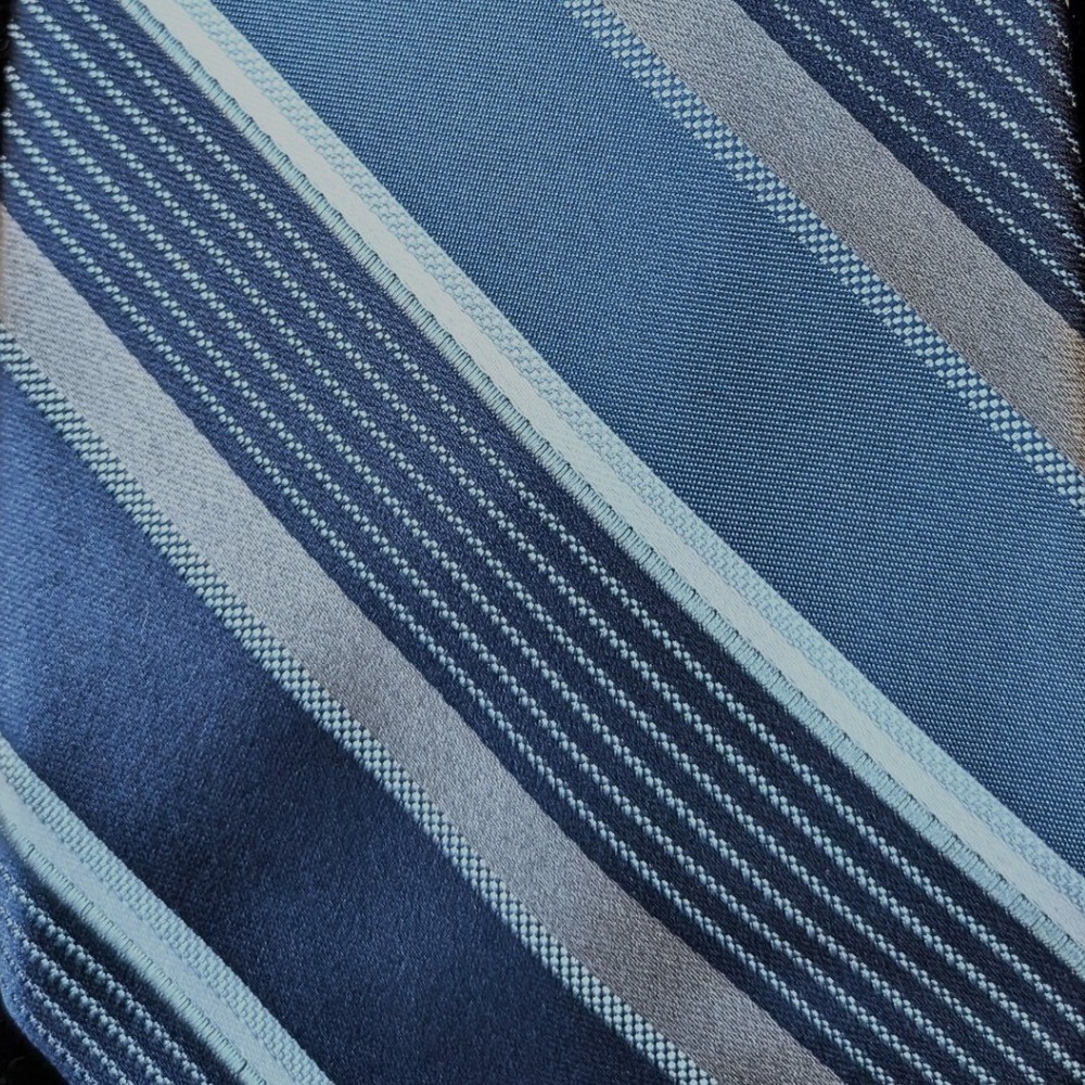 GEORGE‎ Blue Navy Gray White Diagonal Striped Woven Satin Necktie